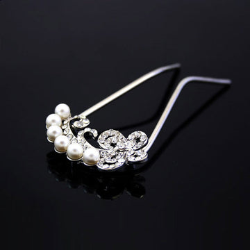Czech Rhinestone & Pearl 2-Prong Bridal Hair Stick Fork Butterfy